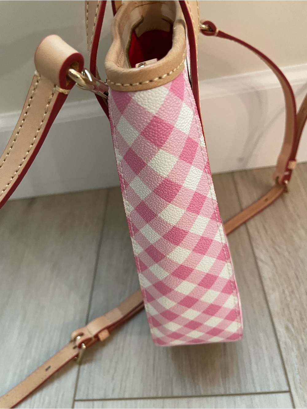 Dooney & Bourke Pink Gingham Crossbody with Tan Leather Trim - Picture 8 of 12